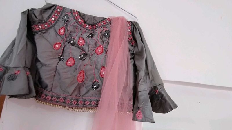 Grey Embroidered Ethnic Top &amp; Dupatta