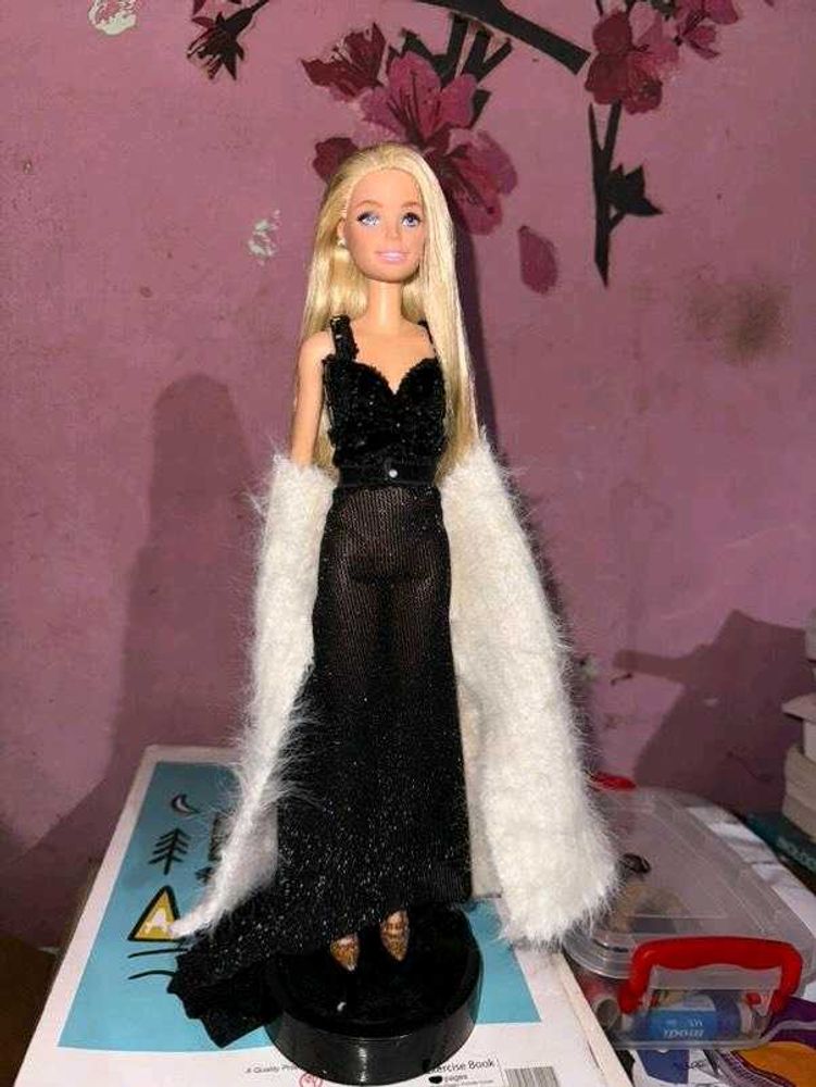 Elegant very long hair Barbie in Black Gown