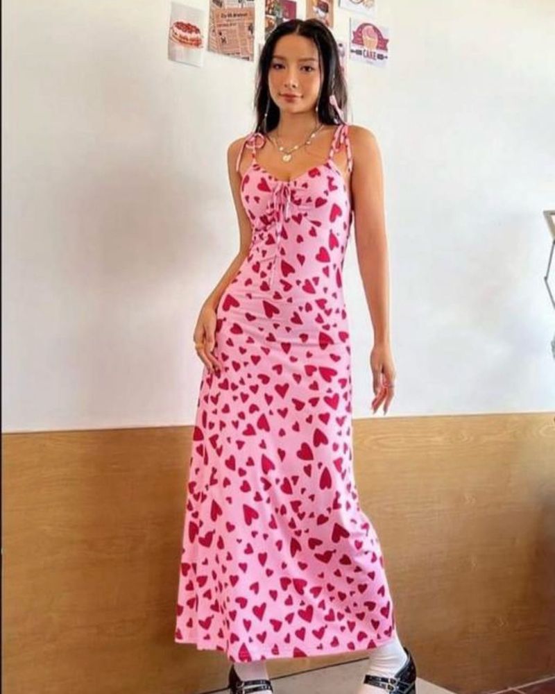 Heart Print Pink Slip Dress