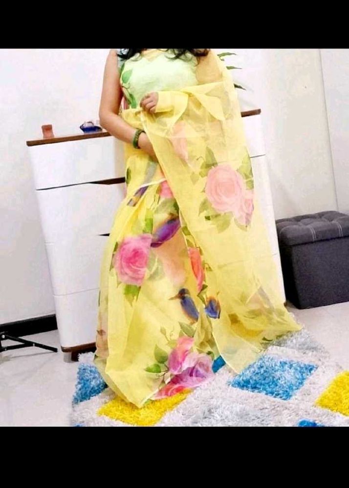 Lemon Yellow Digital Print Organza Saree