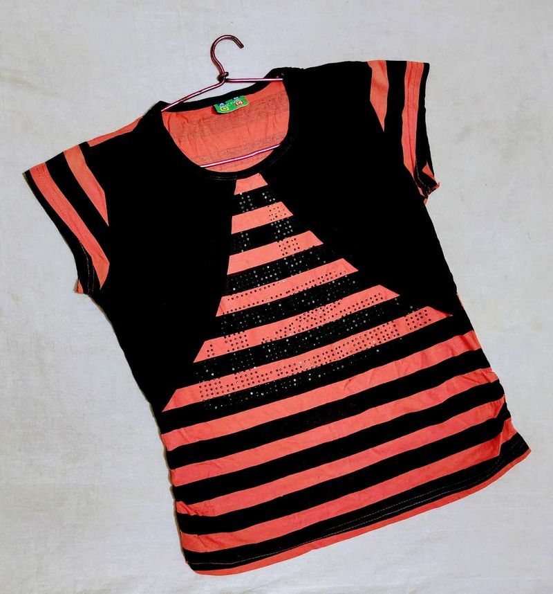 Peach &amp; Black Striped Top for Girls (10–12 Yrs)