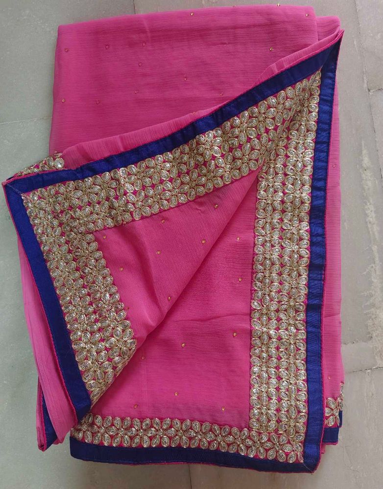Pink Embellished Saree With Velvet Blouse Like New