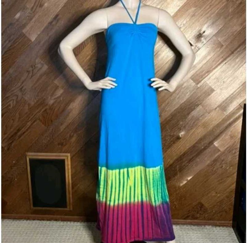 Bandeau Halter Dress Long Blue Tie Dye