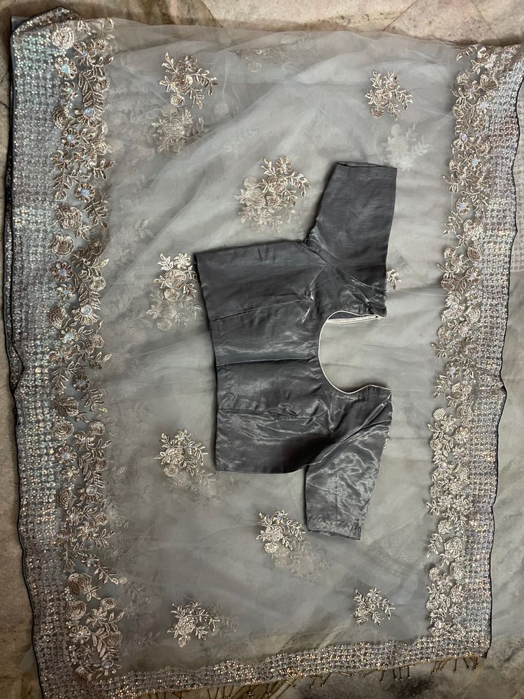 Greyish Blue Net Saree With Sequin Work And Tassel
