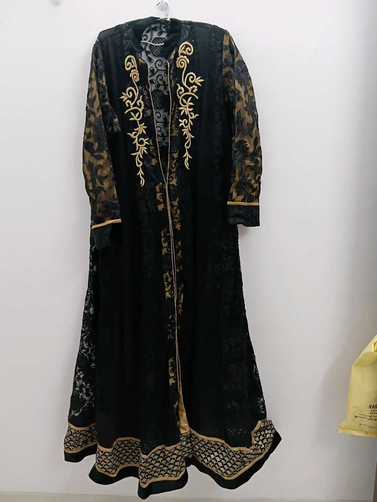 Elegant Black &amp; Gold Embroidered Gown Jacket