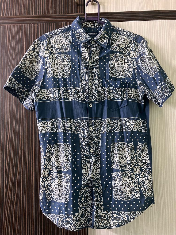 Zara Navy Blue Slim Fit Printed Casual Shirt
