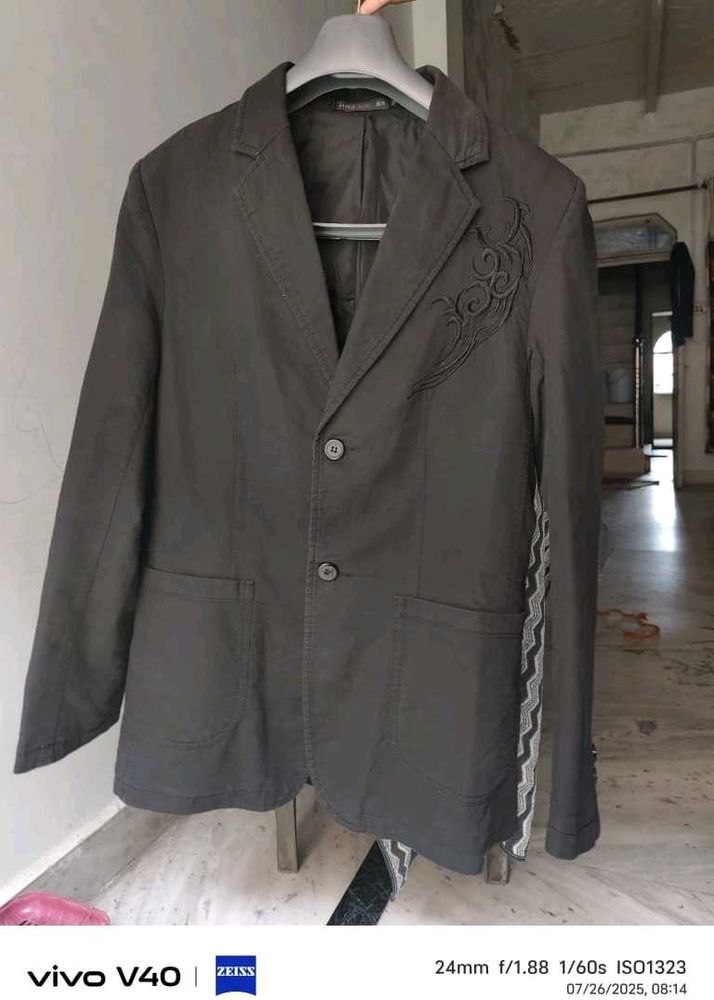 Embroidered Detail Dark Black Blazer