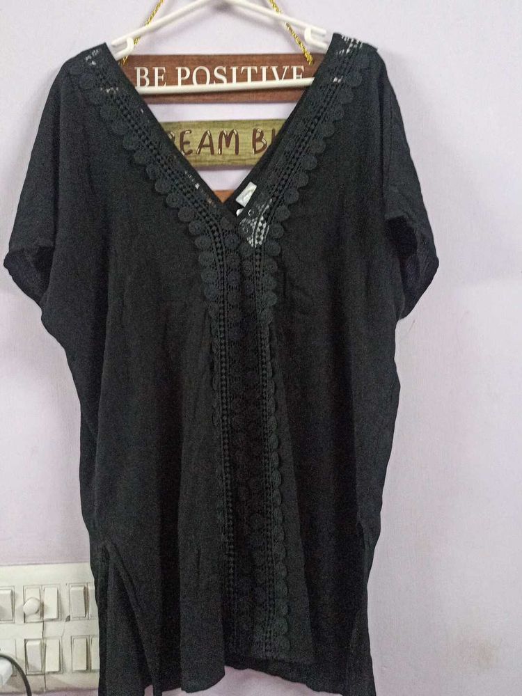 Black Lace Trim Kaftan Top