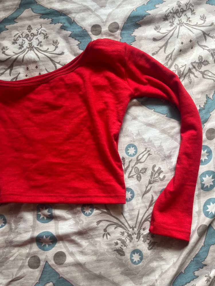 Red Long Sleeve one shoulder Top