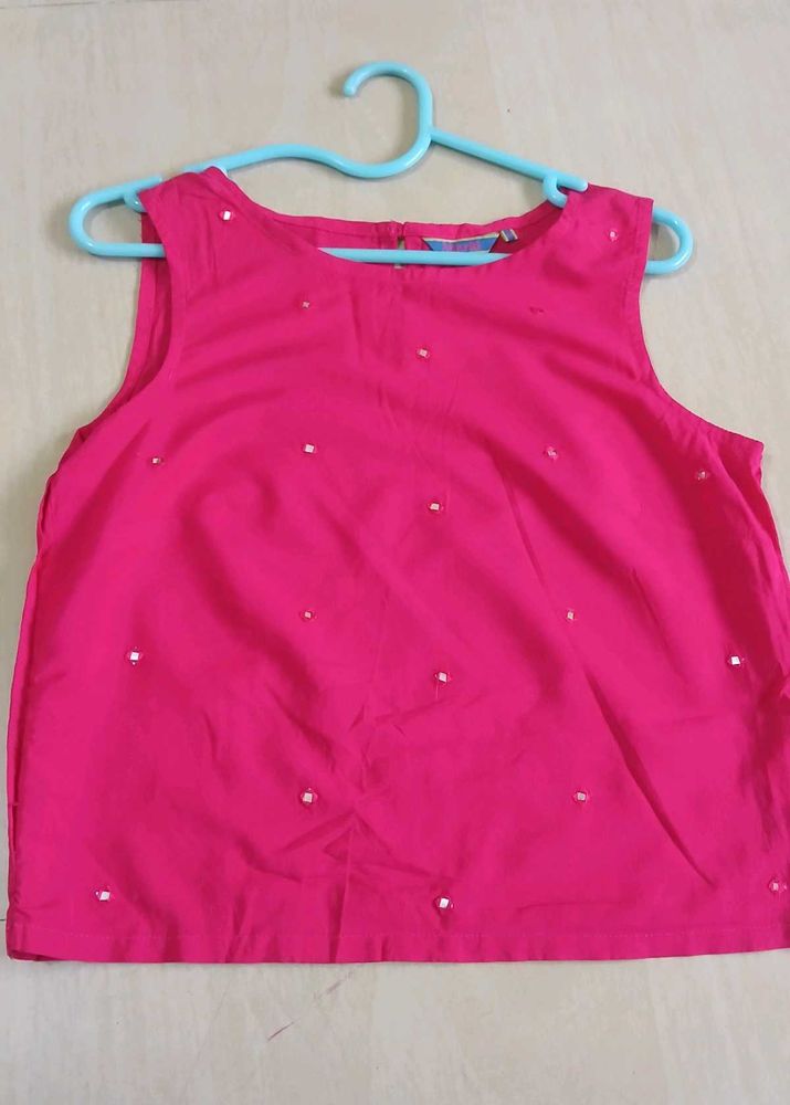 A Fuchsia Pink Indo western Top With Mirror Work