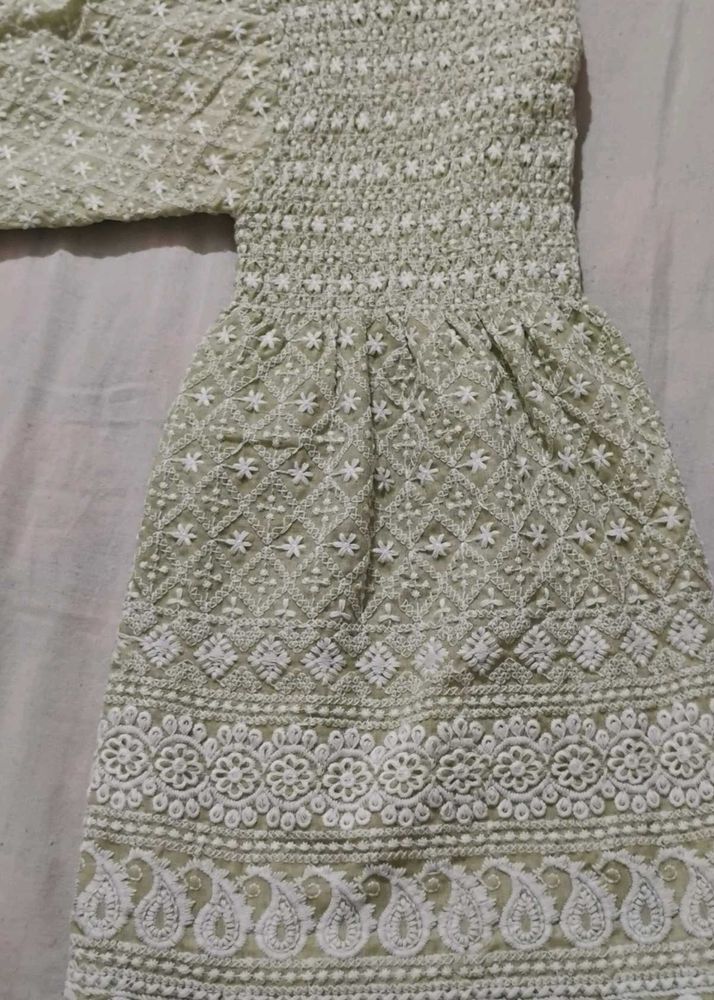 Green Embroidered Smocked Dress