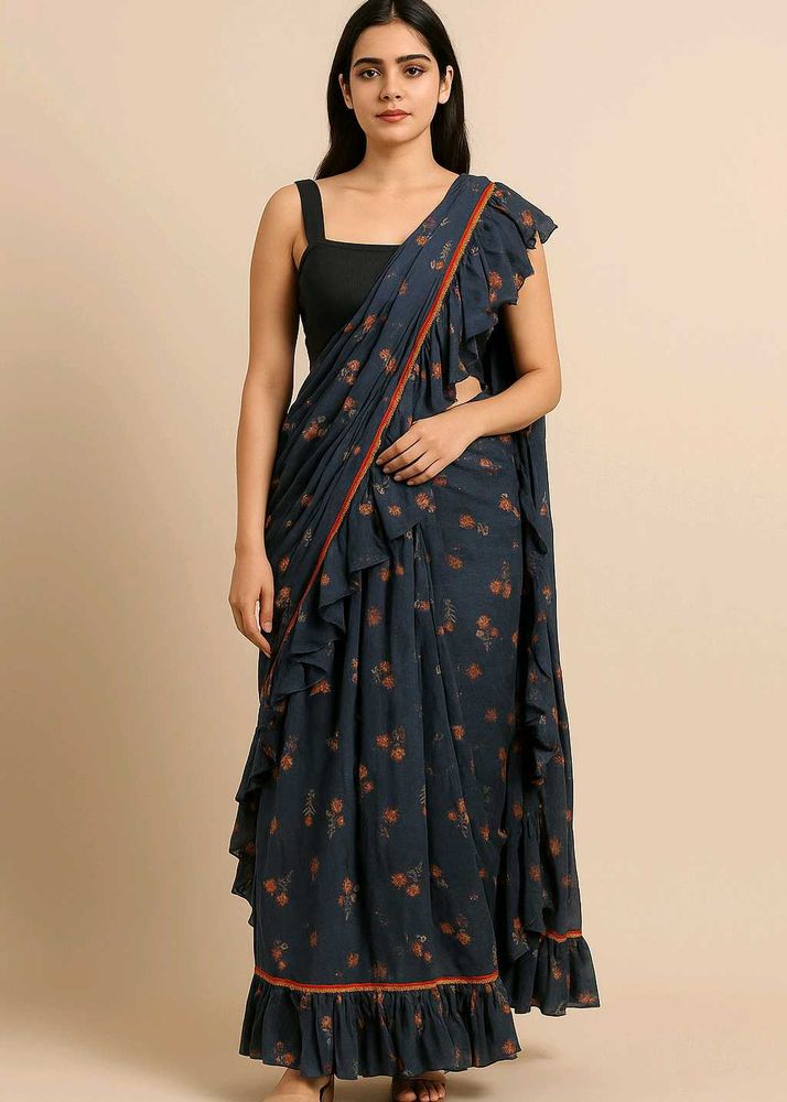Floral Print Ruffle Saree