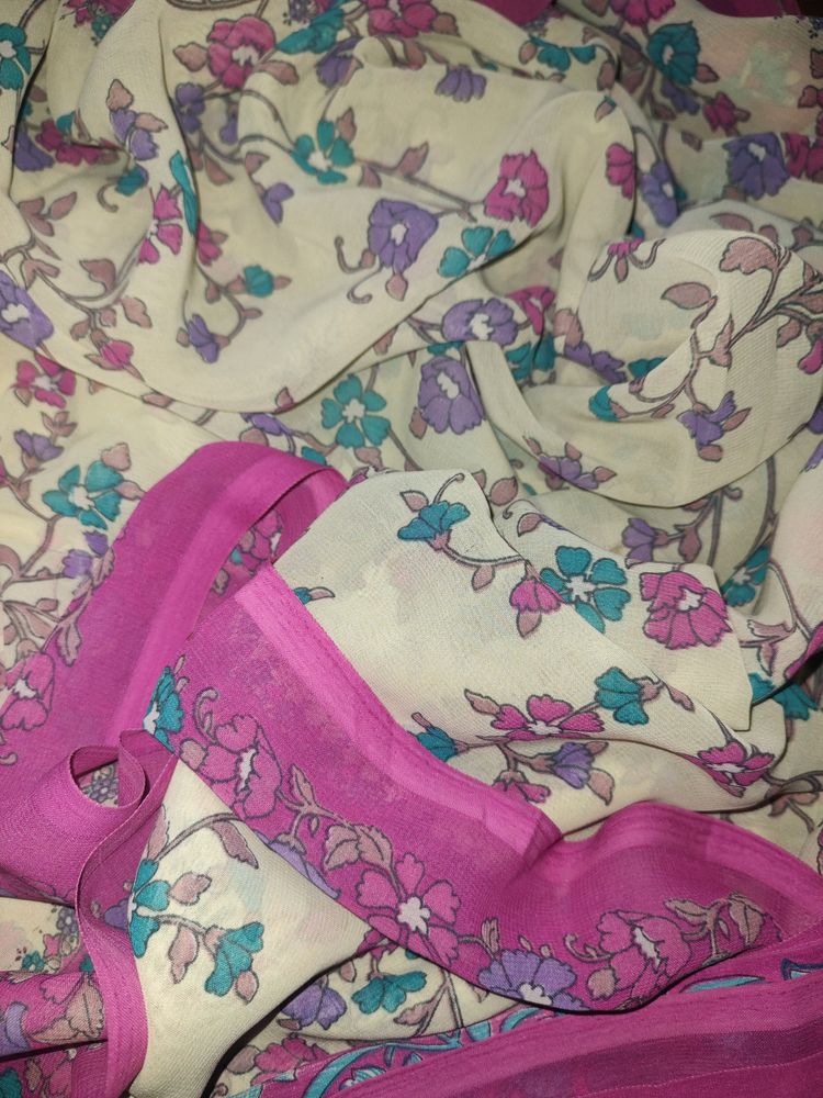 White Pink Printed Saree 🤍💜