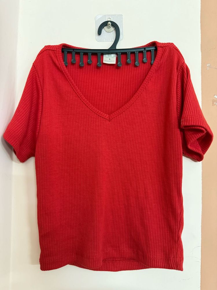 Red V-Neck Ribbed Top