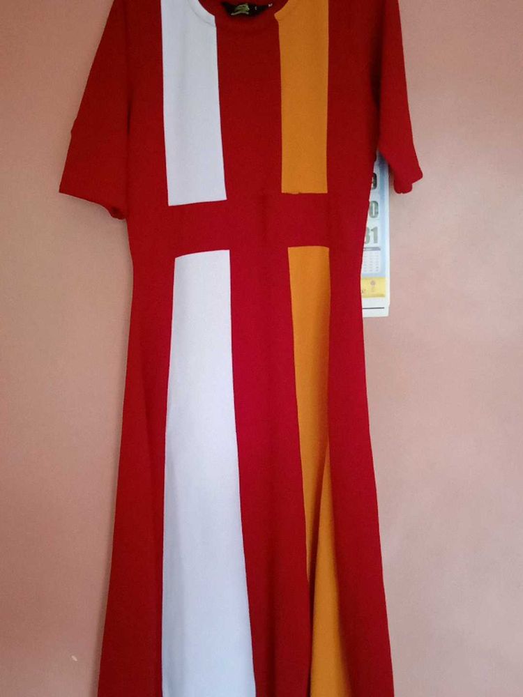 Red Color Block Midi Dress
