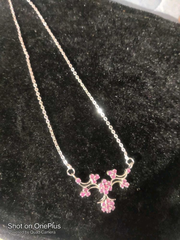 Pure Silver Necklace with Pink Gemstones