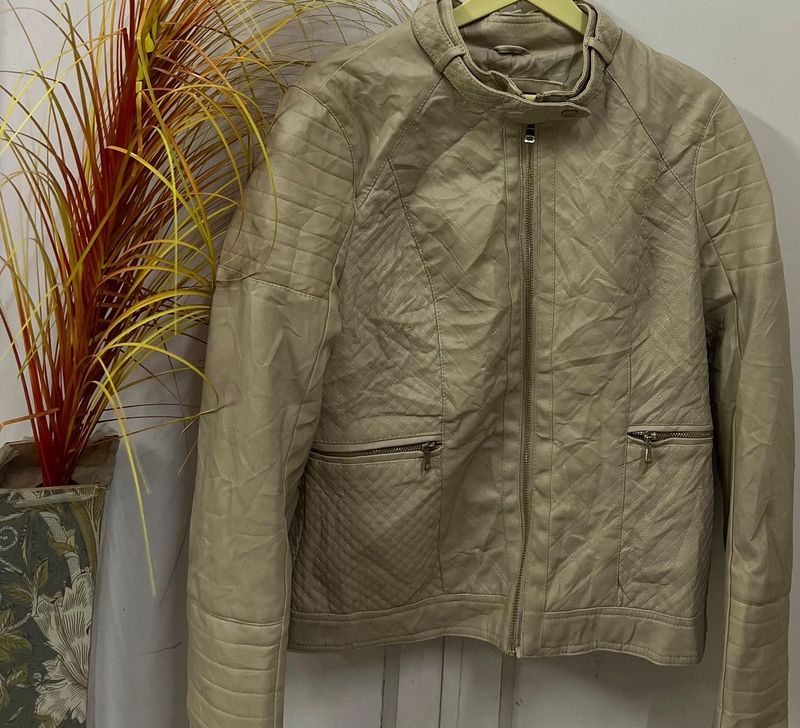 Beige Quilted Moto Jacket