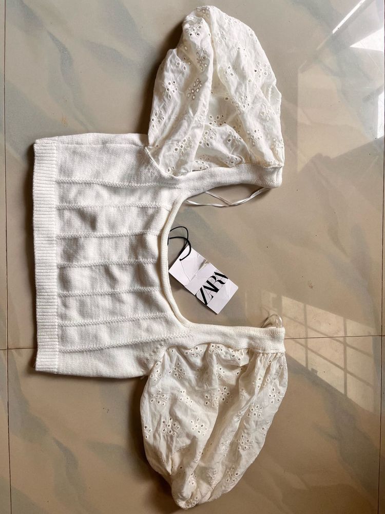 Zara White Cutout Knit Top