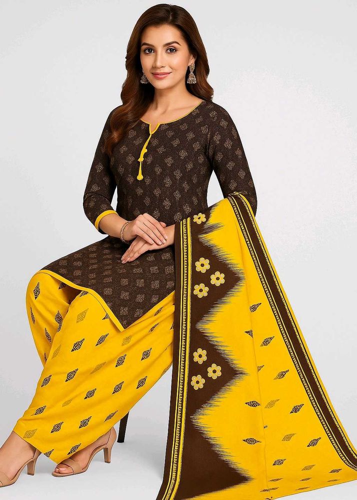 Brown &amp; Yellow Printed Unstitched Salwar Suit