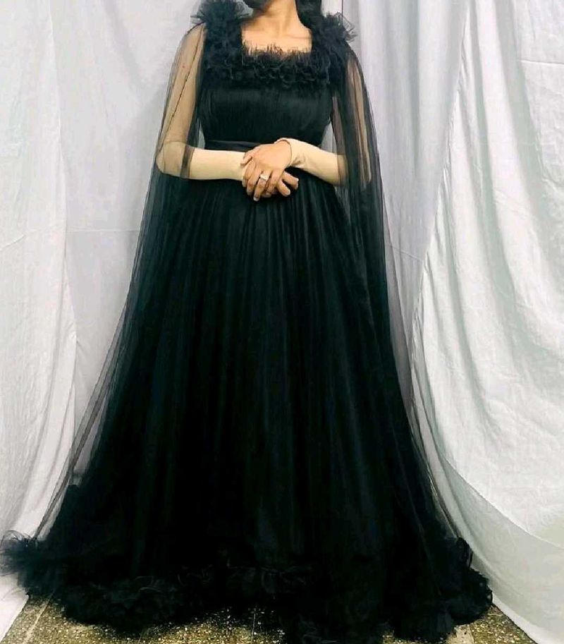 Elegant Black Tulle Gown with Cape