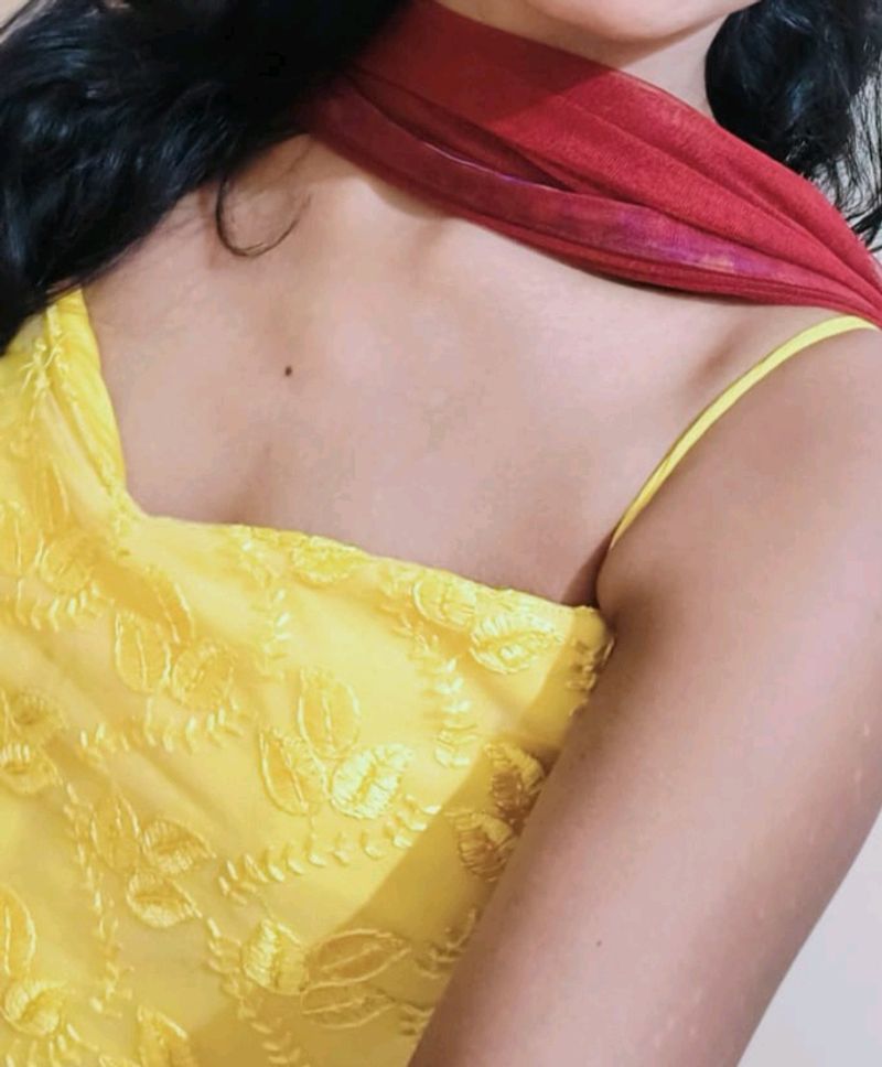 Yellow Sequence Net Sleeveless Kurti