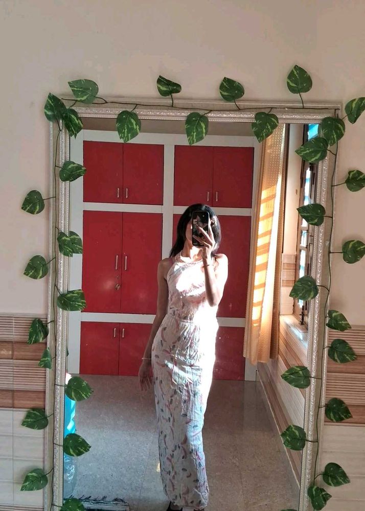 Feather Print Strapless Maxi Dress