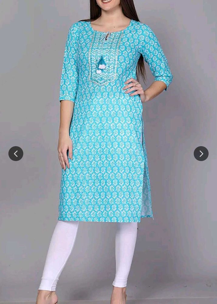 Blue Printed Mirror Work Cotton Straight Kurta