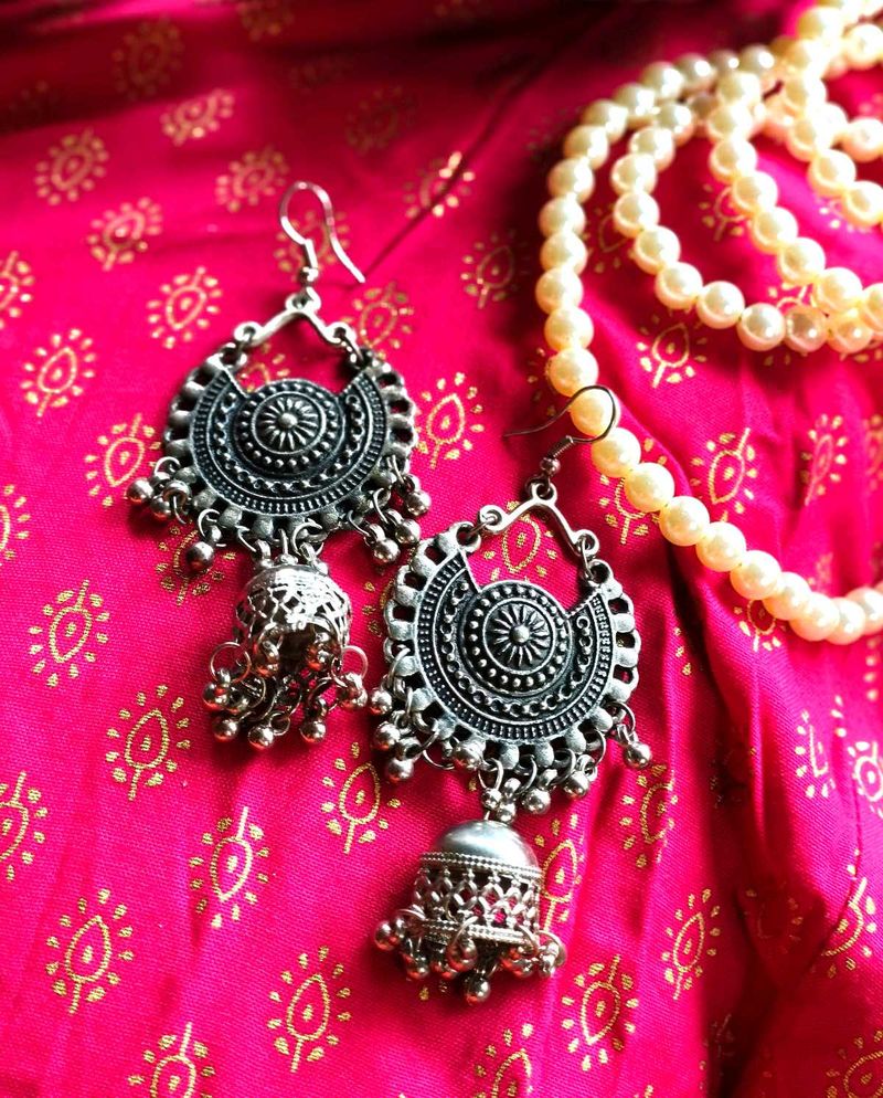 Oxidised Silver Gorgeous Danglers With Jhumki