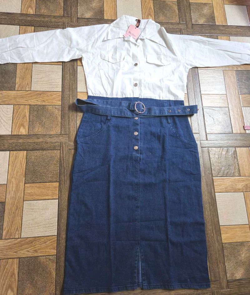 Denim Skirt with Attached Button-Down Top
