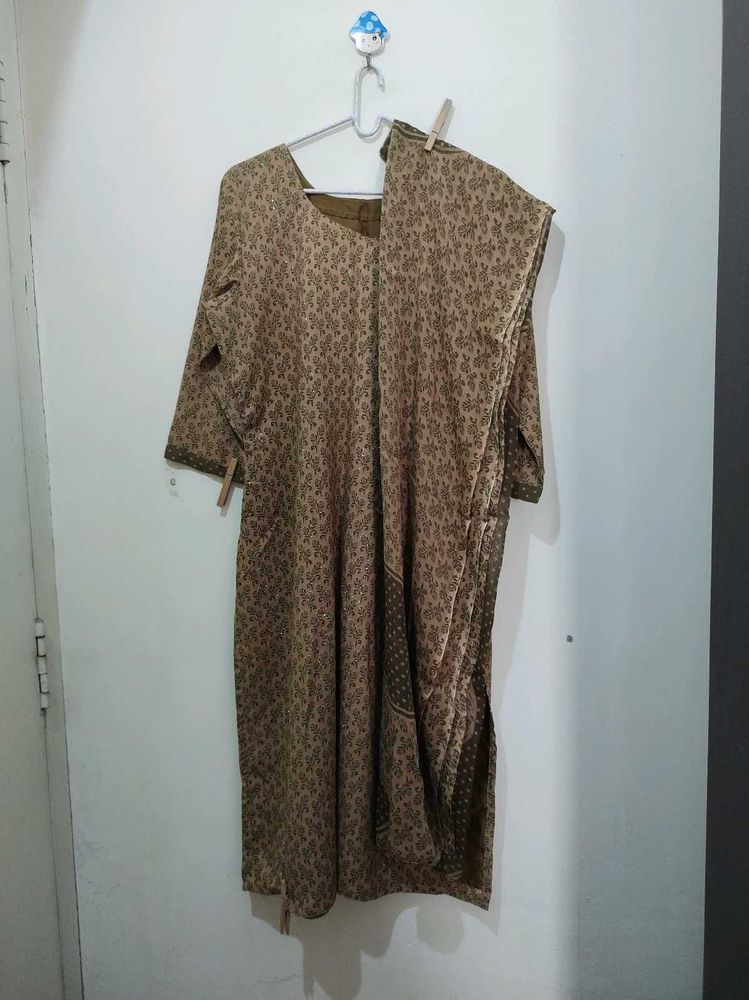 Olive Green Leaf Print Brown Kurta Pajama Dupatta