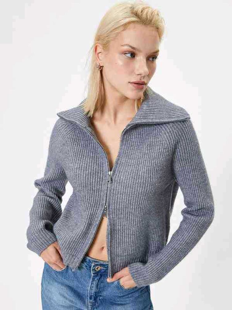 Ribbed Zip-Up Knit Cardigan