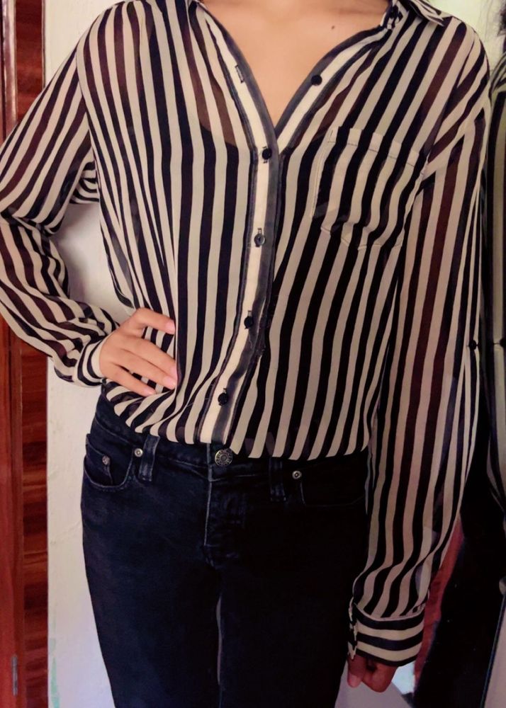 Black And Cream Vertical Striped Sheer Shirt