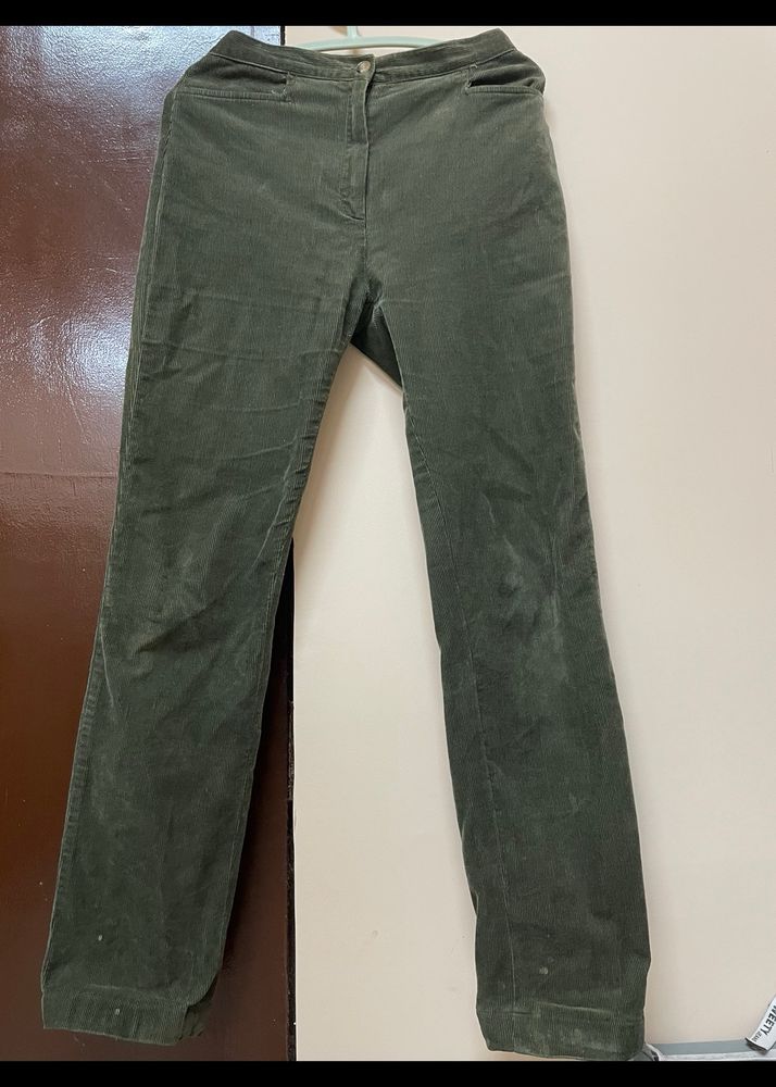 High Waisted Olive Green Corduroy Straight Trouser