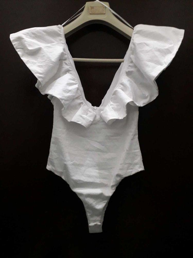 ZARA White Ruffle Bodysuit Top