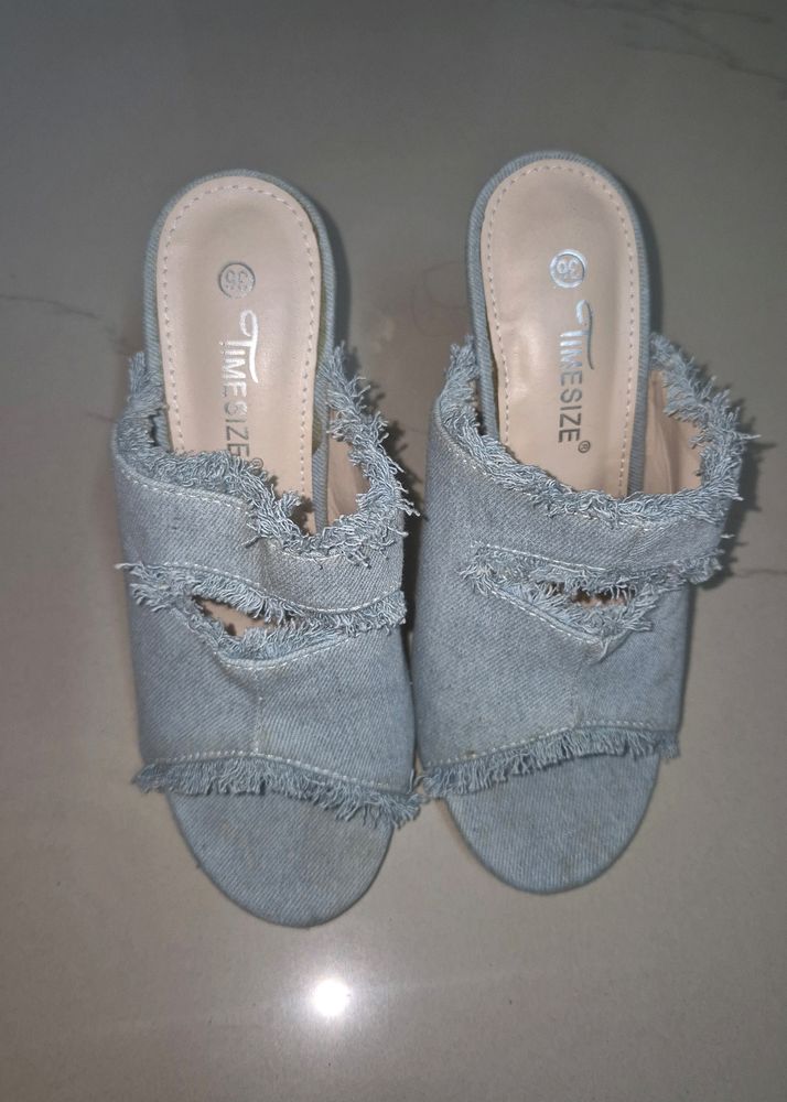 Denim Glass Heels. On Sale