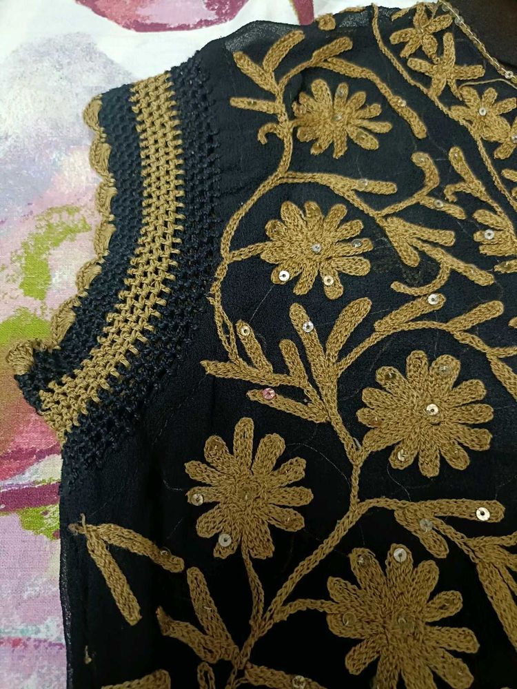 BlackGeorgette Kurti with Golden Floral Embroidery