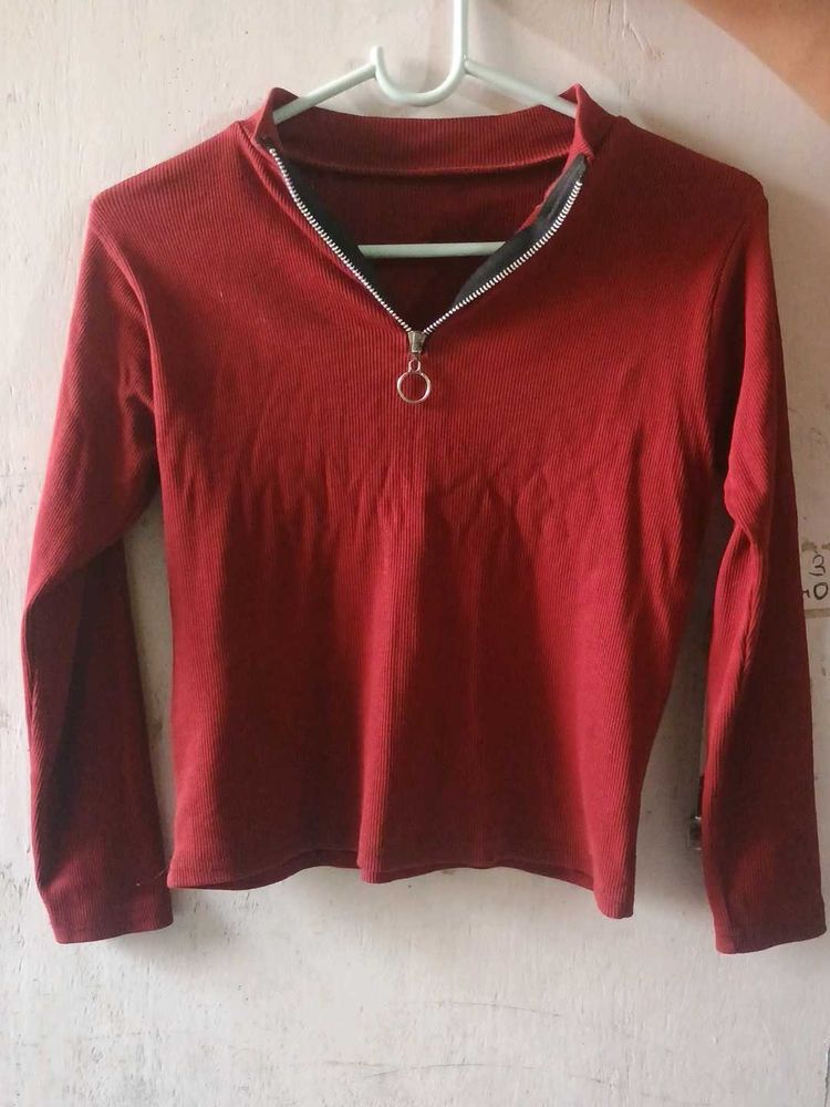 Red Zipper Mock Neck Top