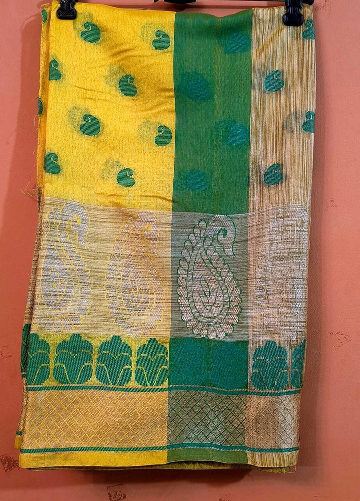 YELLOW- GREEN CHANDERI COTTON SAREE
