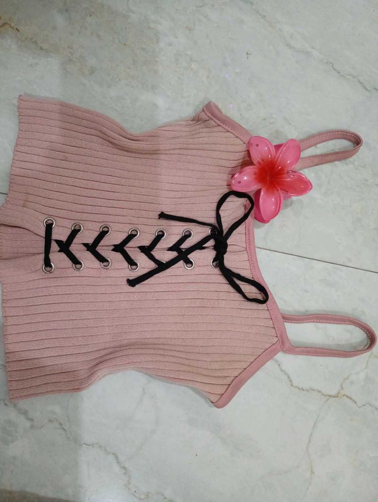 Pink Ribbed Lace-Up Cami Top⁠ ⑅