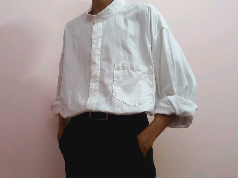 Men’s White Mandarin Collar Full Sleeve Shirt