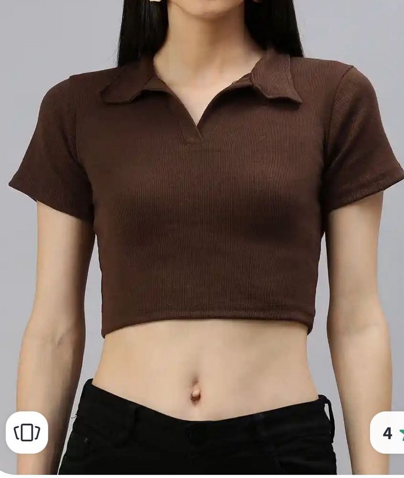 Brown Ribbed Crop Polo Top
