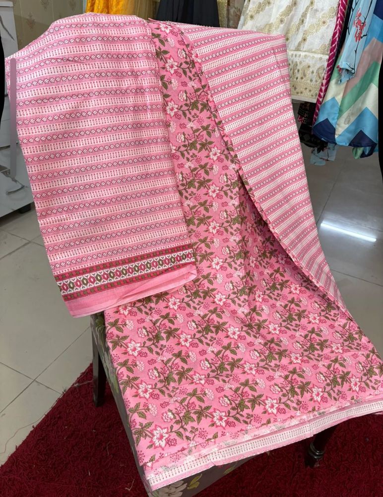 Pink Floral Cotton Suit Set - Unstitched