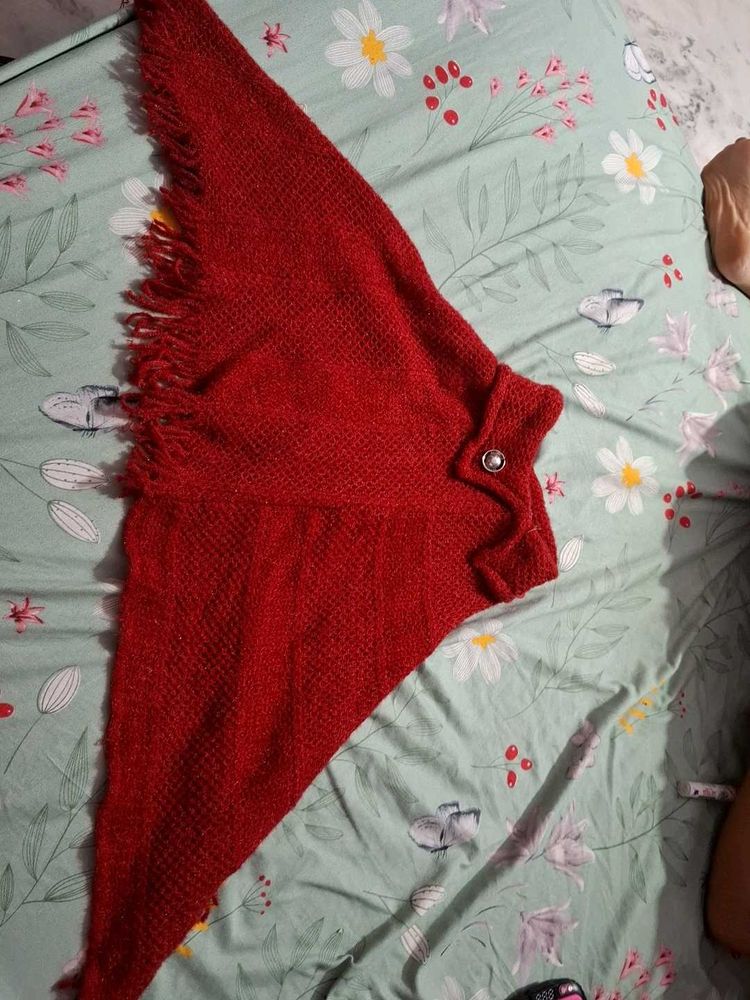 Red Knit Shawl with Fringe