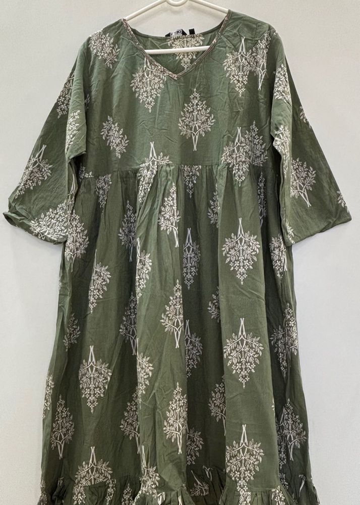 Green Print Cotton Dress/Kurta with Ruffle Hem
