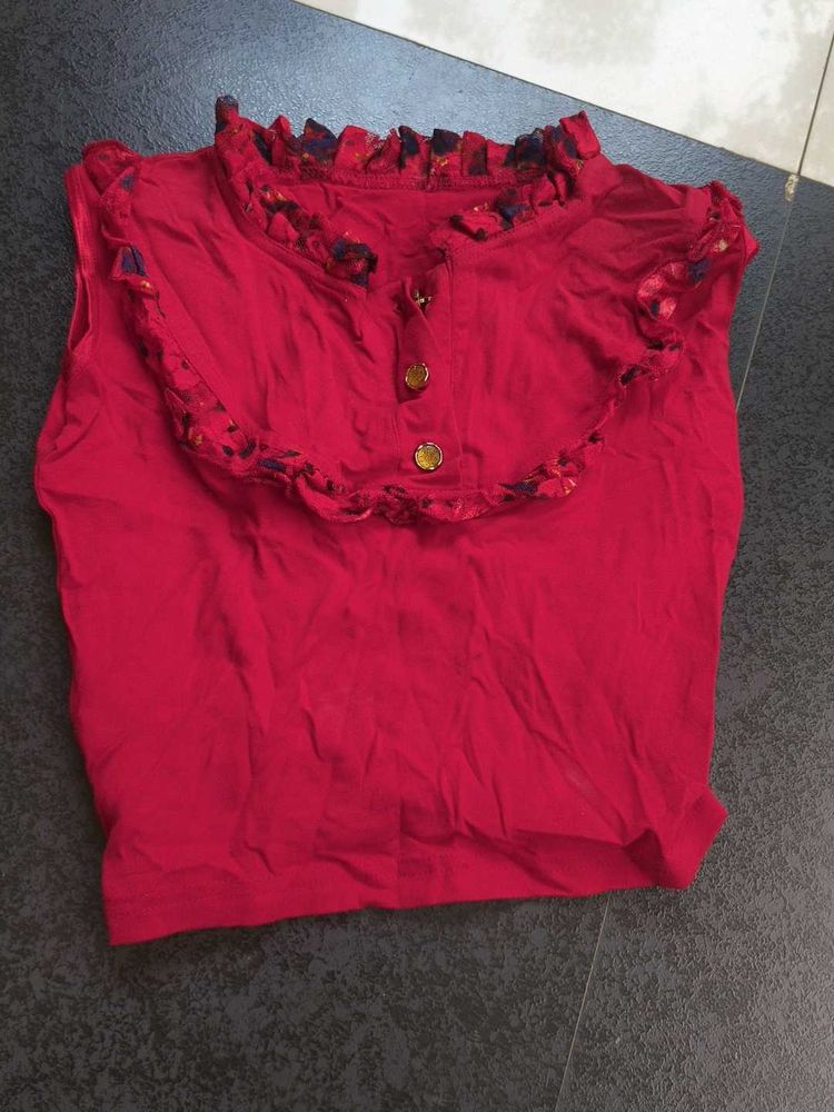 Red Ruffle Trim Sleeveless Top