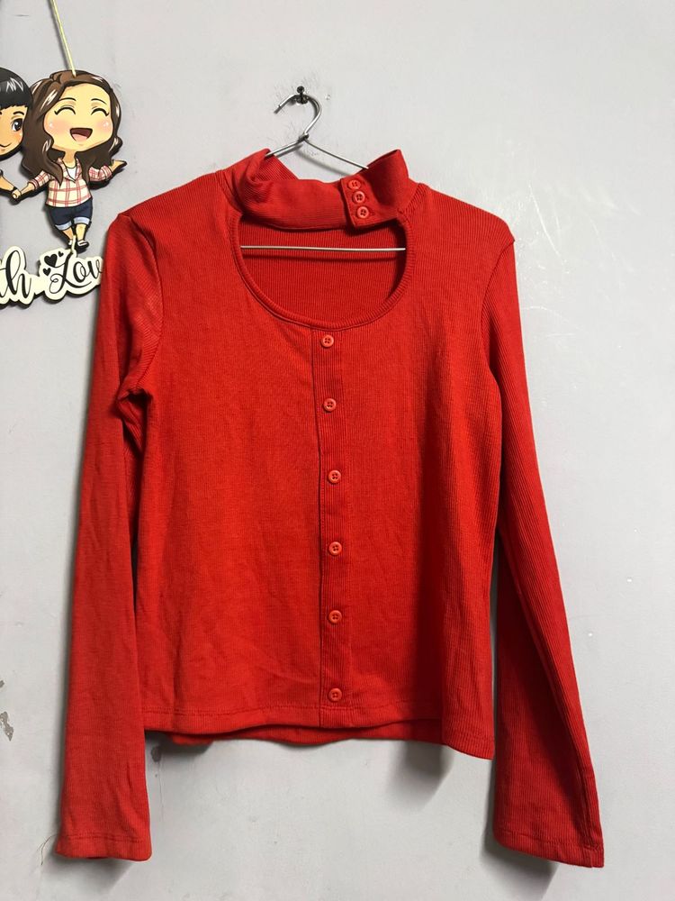 Stylish Red Cut-Out Full Sleeve Top
