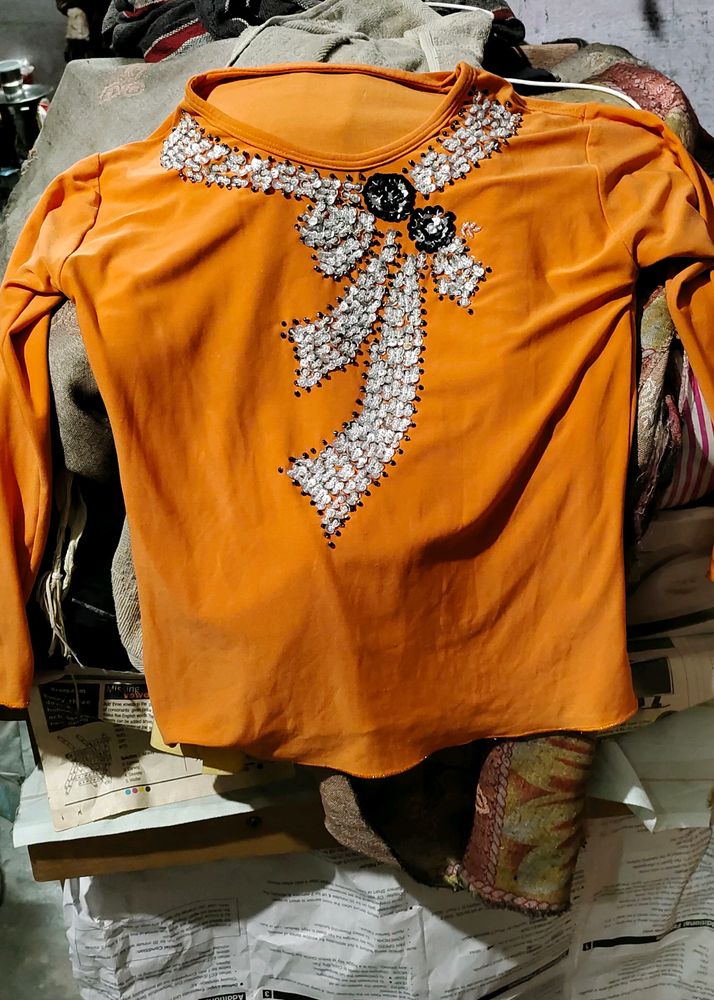 Orange Embellished Long Sleeve Top