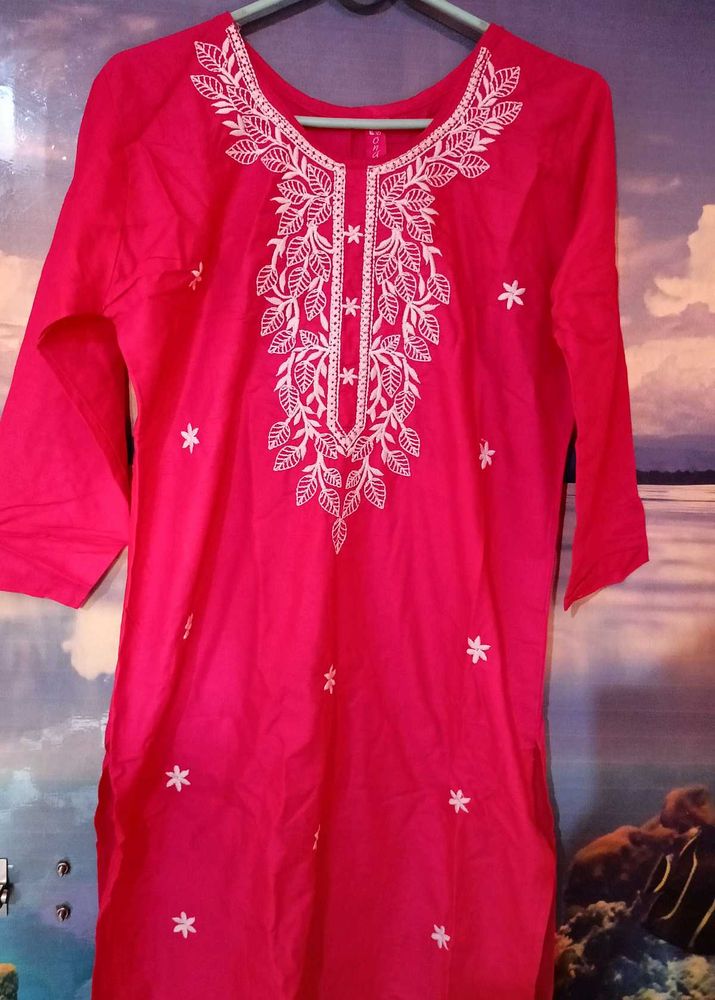 Pink Chikan Kari Embroidery Kurti