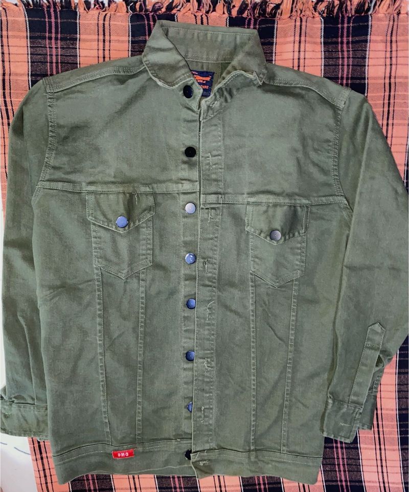 Olive Green Denim-Style Button-Up Jacket – Casual