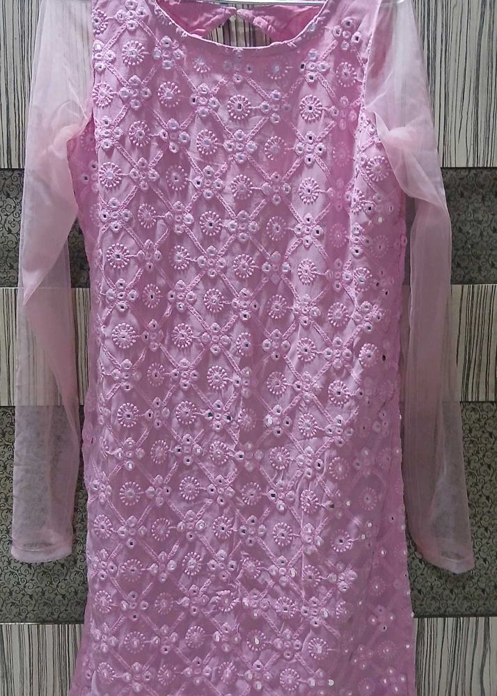 Beautiful Mirror Work Chikankari Baby Pink Kurti